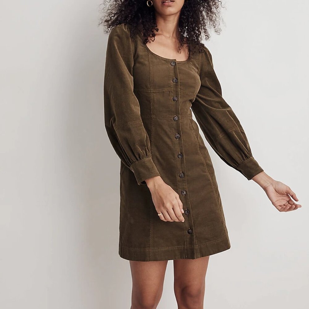 Madewell Olive Green Petite Corduroy Long-Sleeve Mini Dress, Size Petite 2